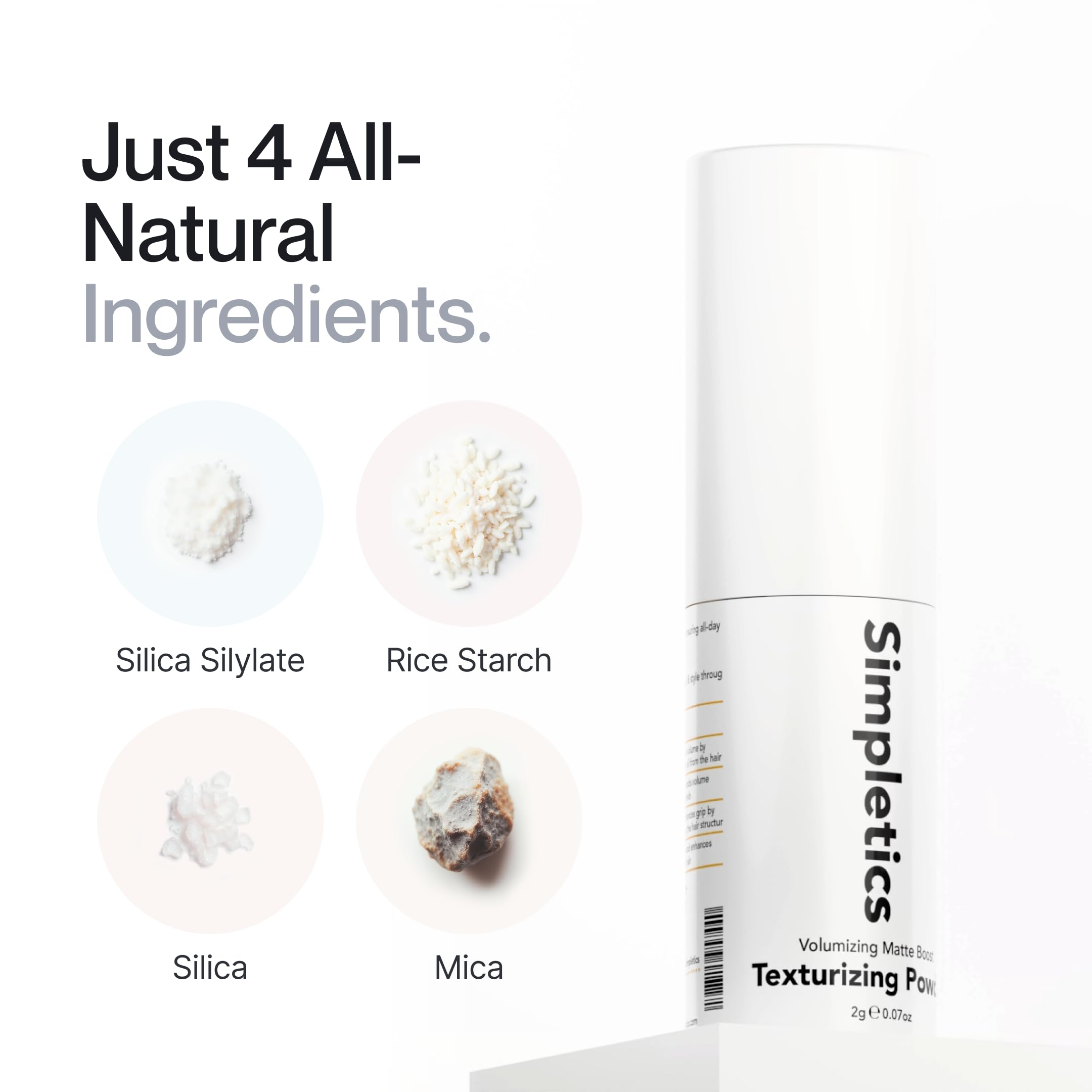 Close-up of Simpletics Texturizing Powder ingredients for natural styling.