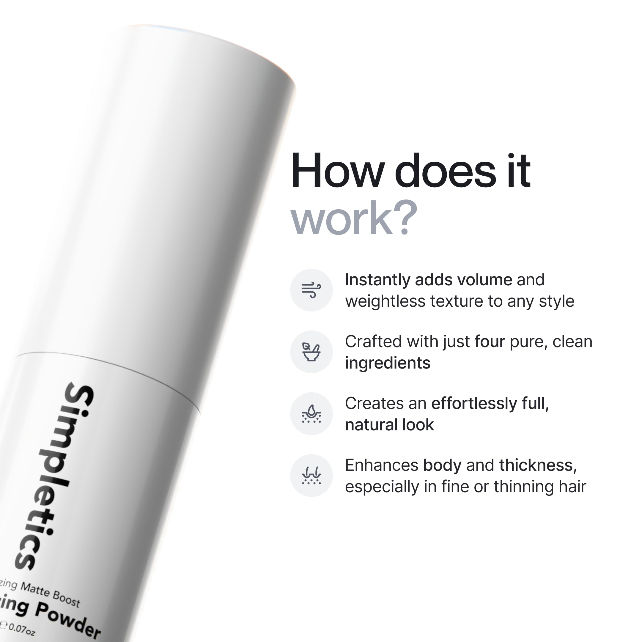 Shaking Simpletics Texturizing Powder before use for fresh styling.
