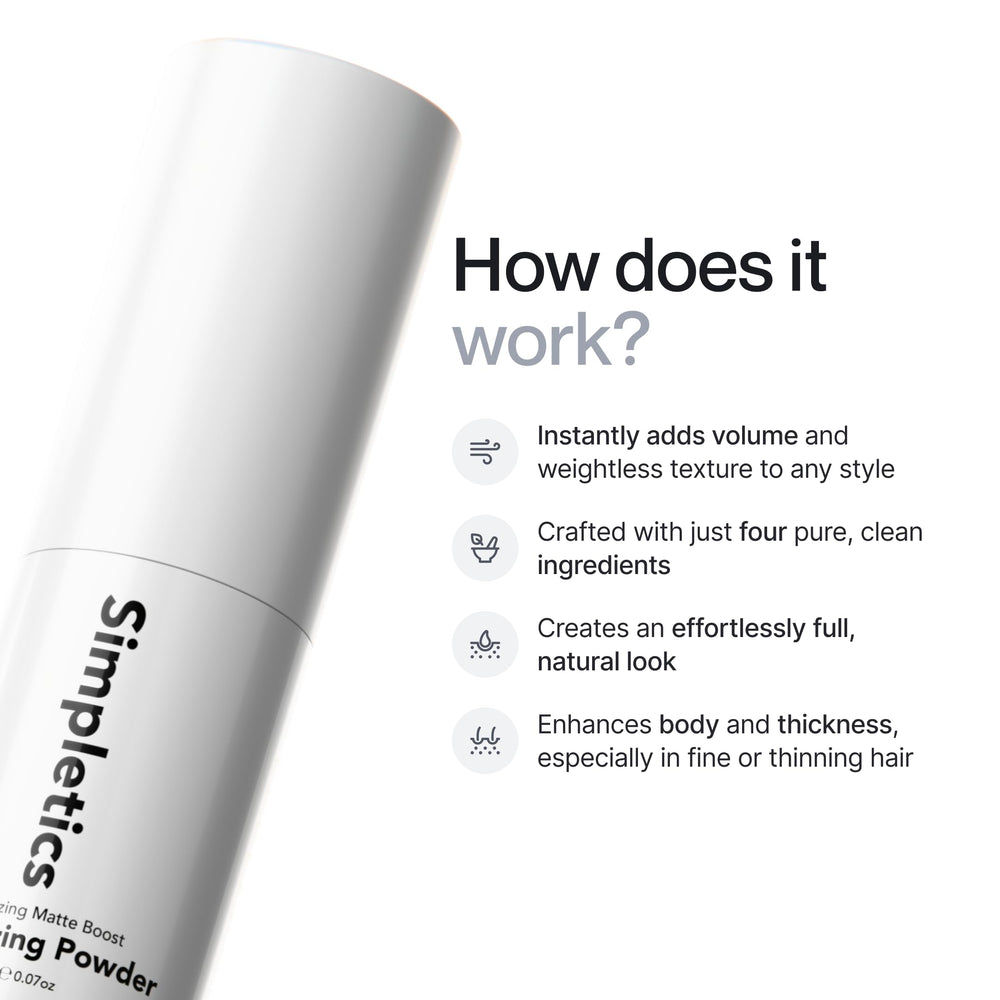 Shaking Simpletics Texturizing Powder before use for fresh styling.