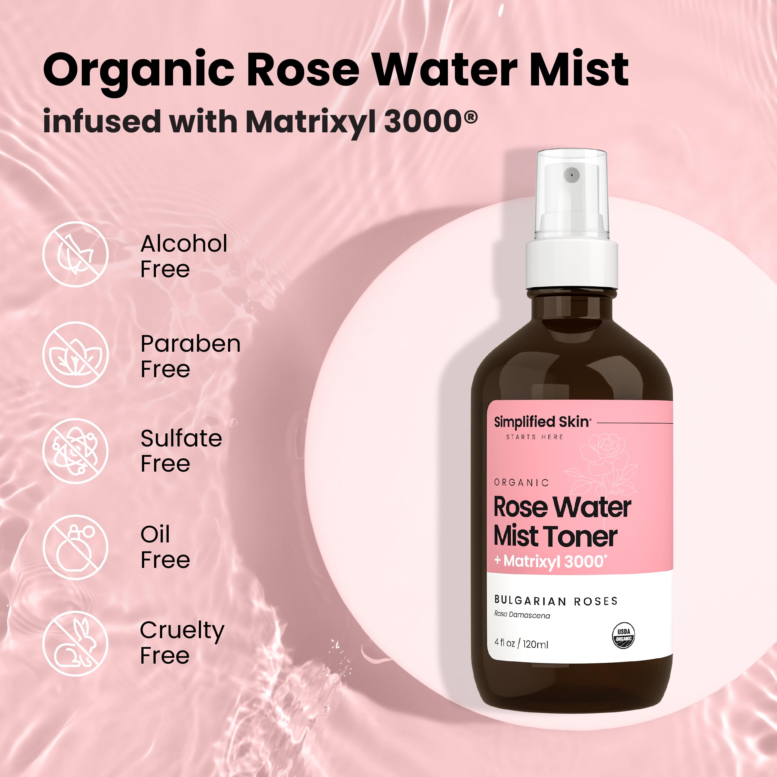 Simplified Skin alcohol-free toner mist closeup emphasizes gentle, non-drying formula.