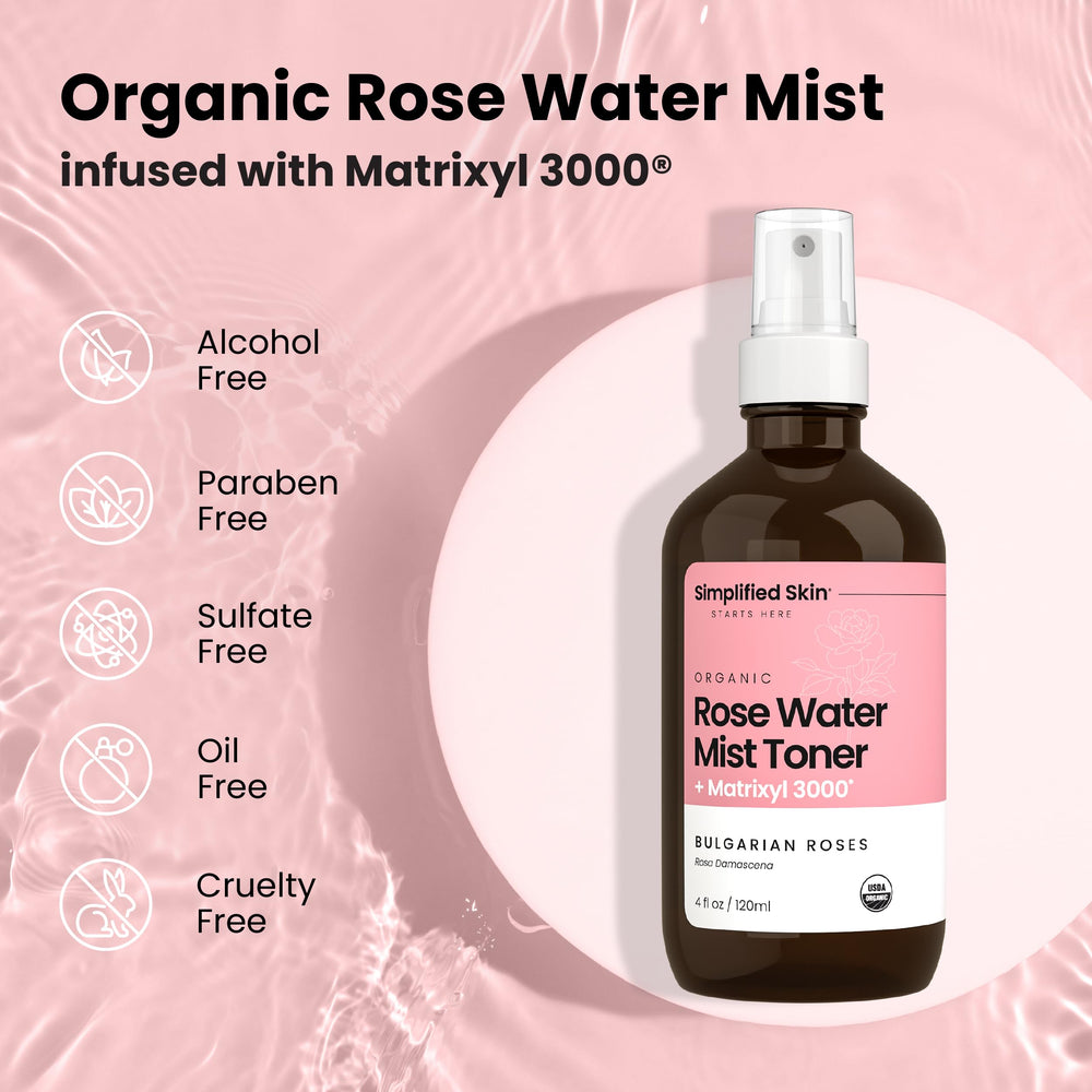 Simplified Skin alcohol-free toner mist closeup emphasizes gentle, non-drying formula.