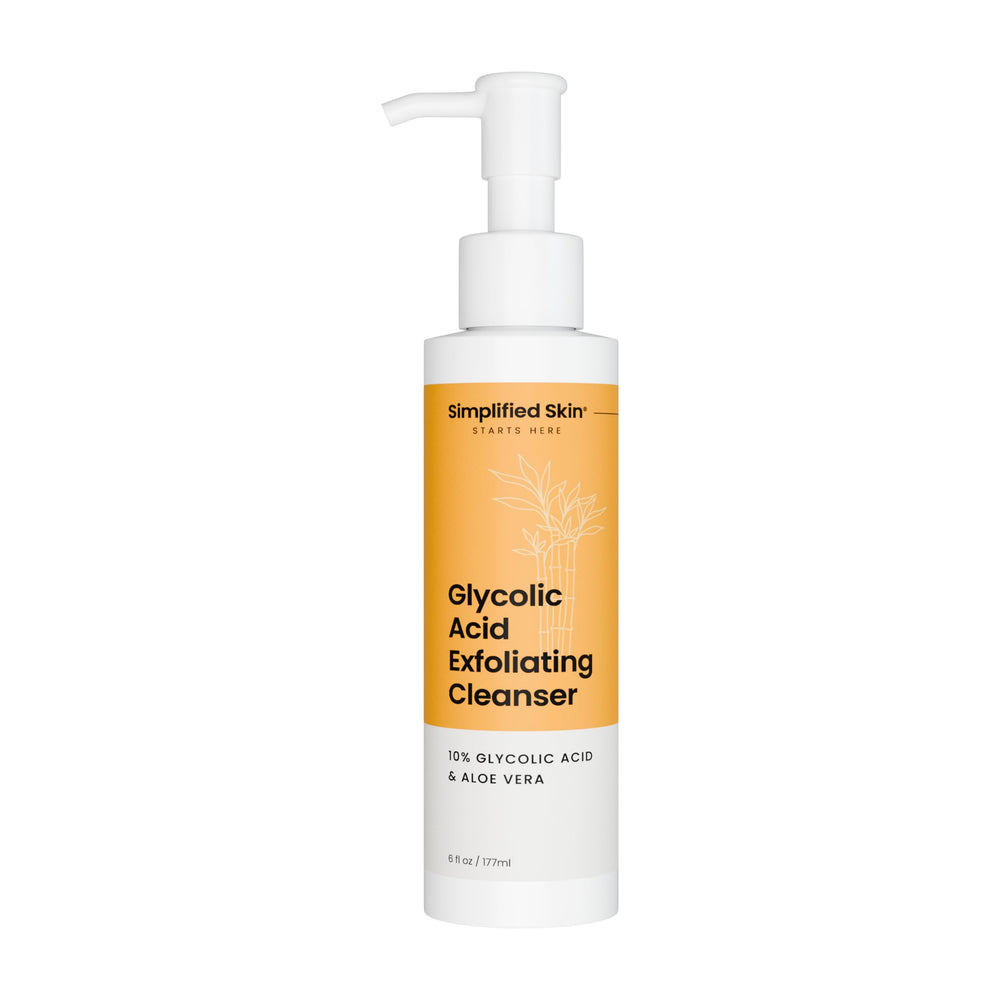 Simplified Skin glycolic face wash bathroom setup suggests easy daily cleansing routine.