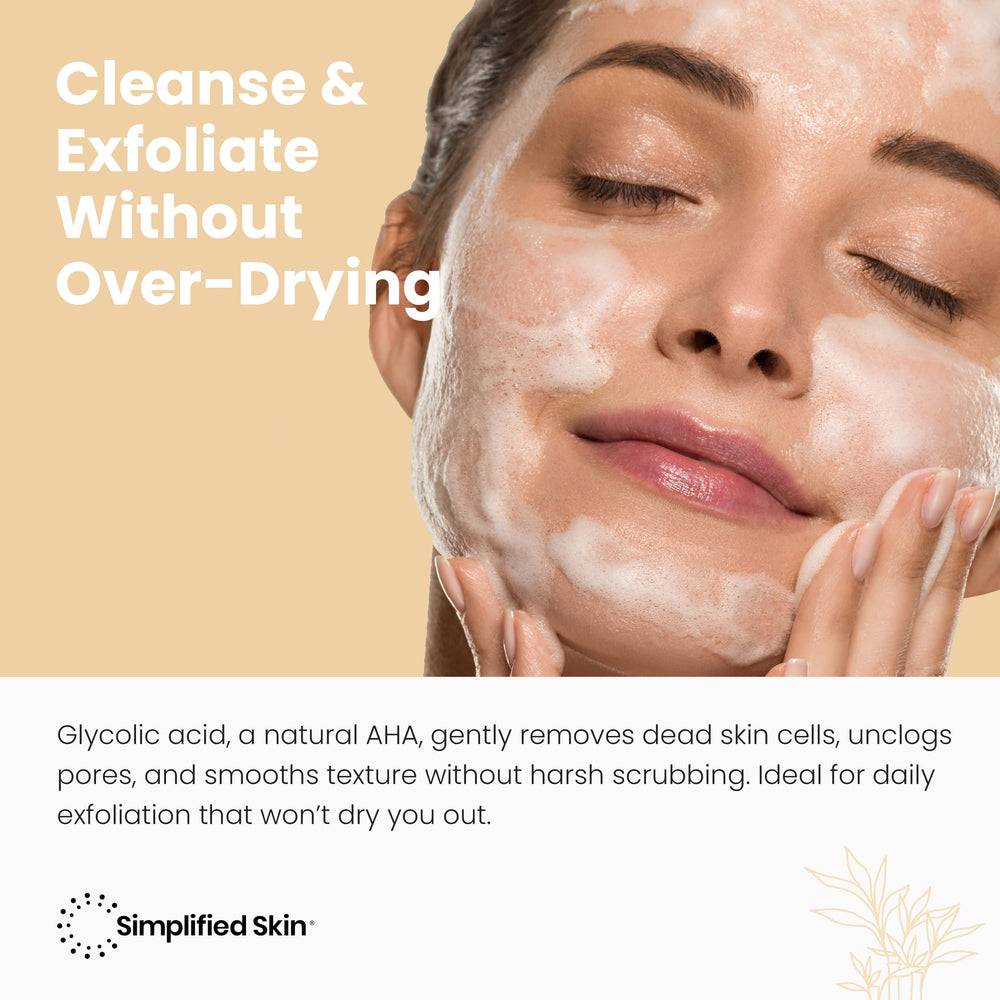 Simplified Skin glycolic face wash label closeup emphasizes 10% glycolic exfoliation and clean ingredients.