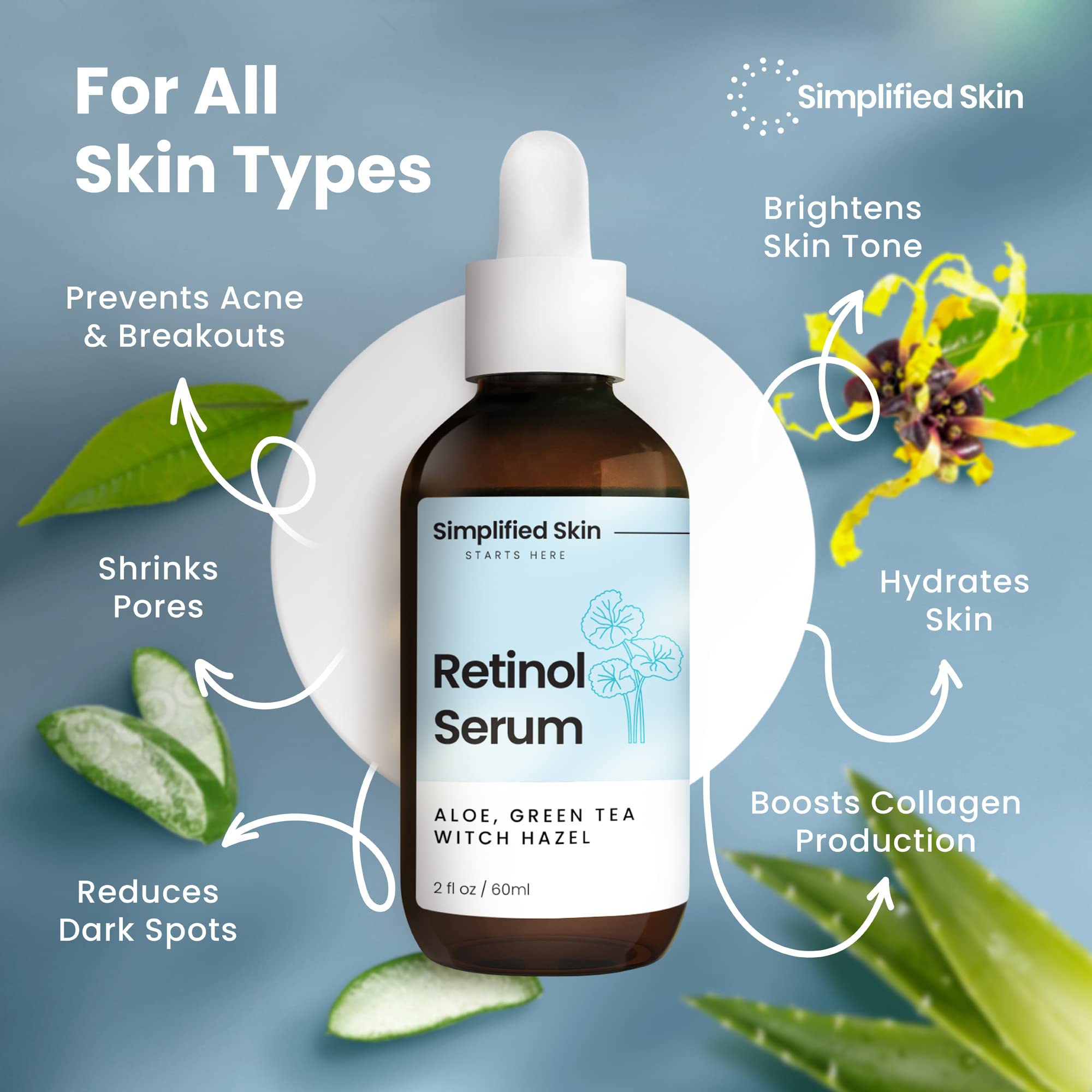 Simplified Skin retinol serum dropper closeup delivering precise, even-toned skin improvement.