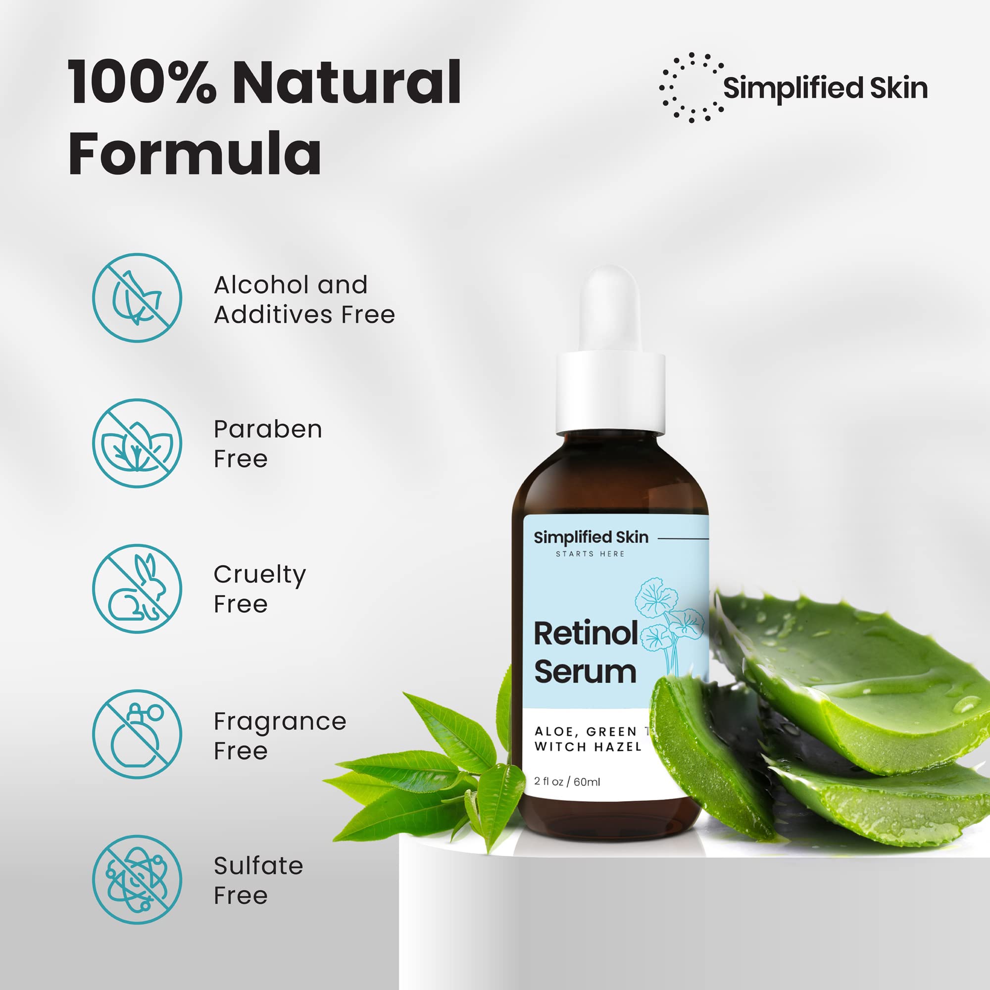 Simplified Skin retinol serum on skin delivers fast-absorbing hydration for a smoother look.