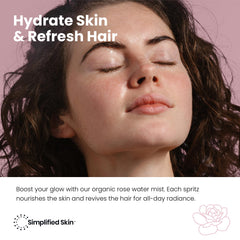 Closeup of Simplified Skin rose water spray highlighting pure Bulgarian rose aroma.