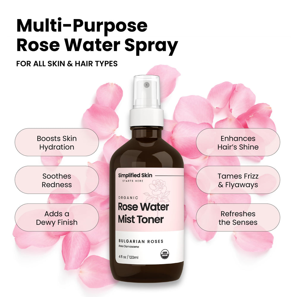 Simplified Skin rose water toner application shows gentle, alcohol-free balance for all skin types.