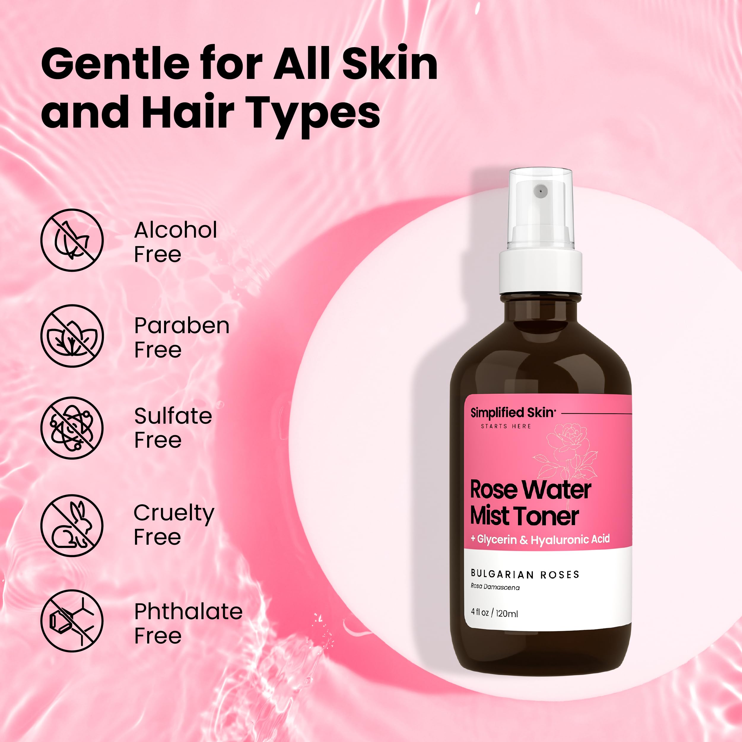 Simplified Skin rosewater spray after-cleansing scene supports gentle toning.