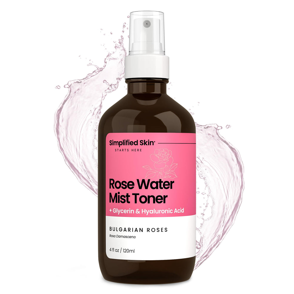 Simplified Skin rosewater spray bottle for daily hydrating mist.