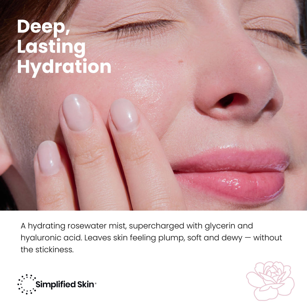 Simplified Skin rosewater spray face-mist delivers instant facial hydration.