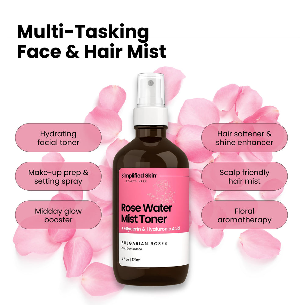 Simplified Skin rosewater spray fine-mist highlights quick-absorb hydration.