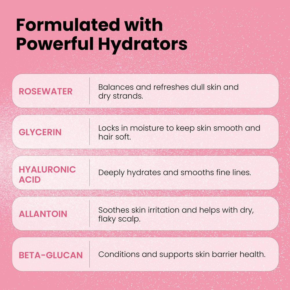 Simplified Skin rosewater spray hair-mist promotes refreshed, light conditioning.