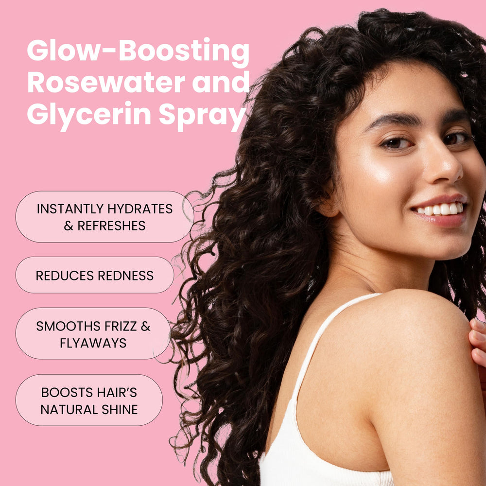 Simplified Skin rosewater spray ingredients close-up shows glycerin and hyaluronic acid hydration.