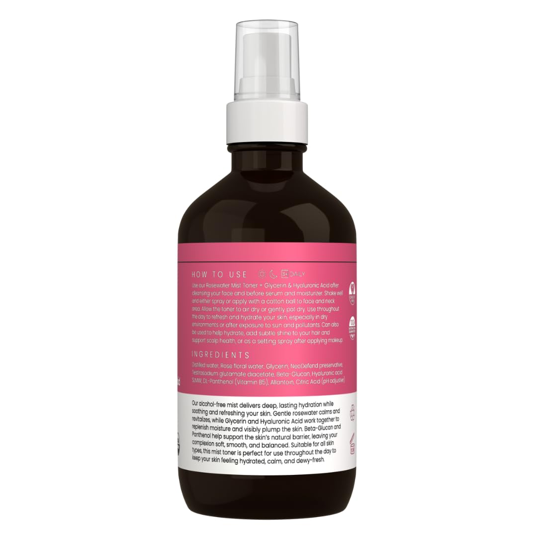 Simplified Skin rosewater spray rose-petal backdrop conveys soothing aromatics.