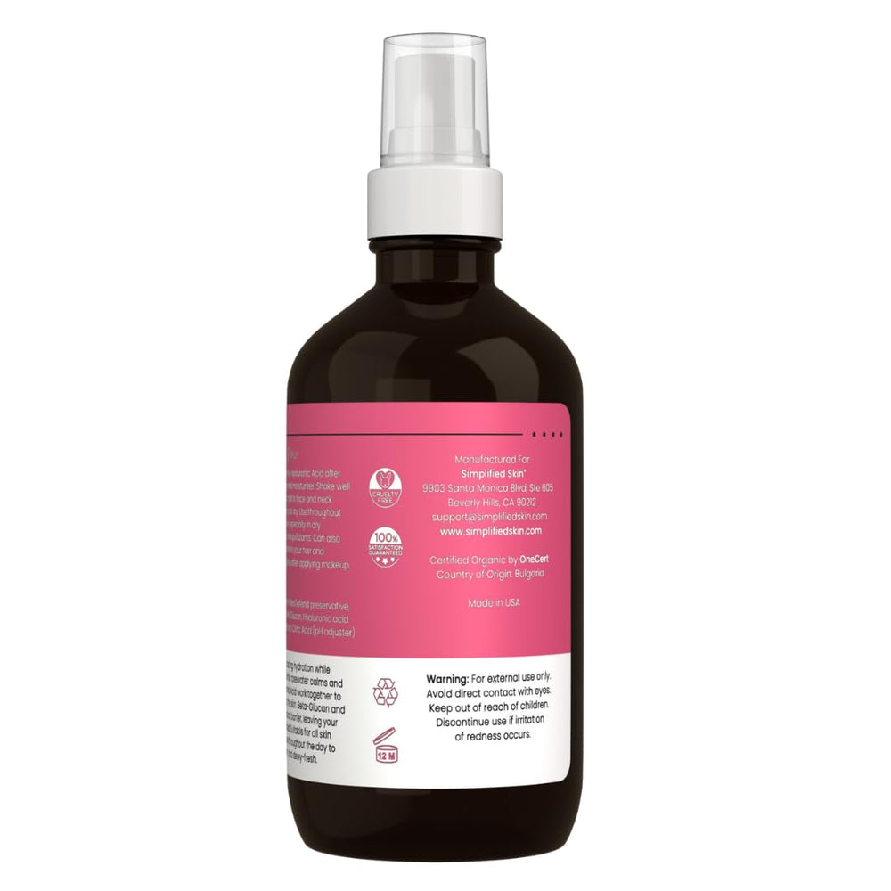 Simplified Skin rosewater spray travel-size bottle highlights alcohol-free skincare.