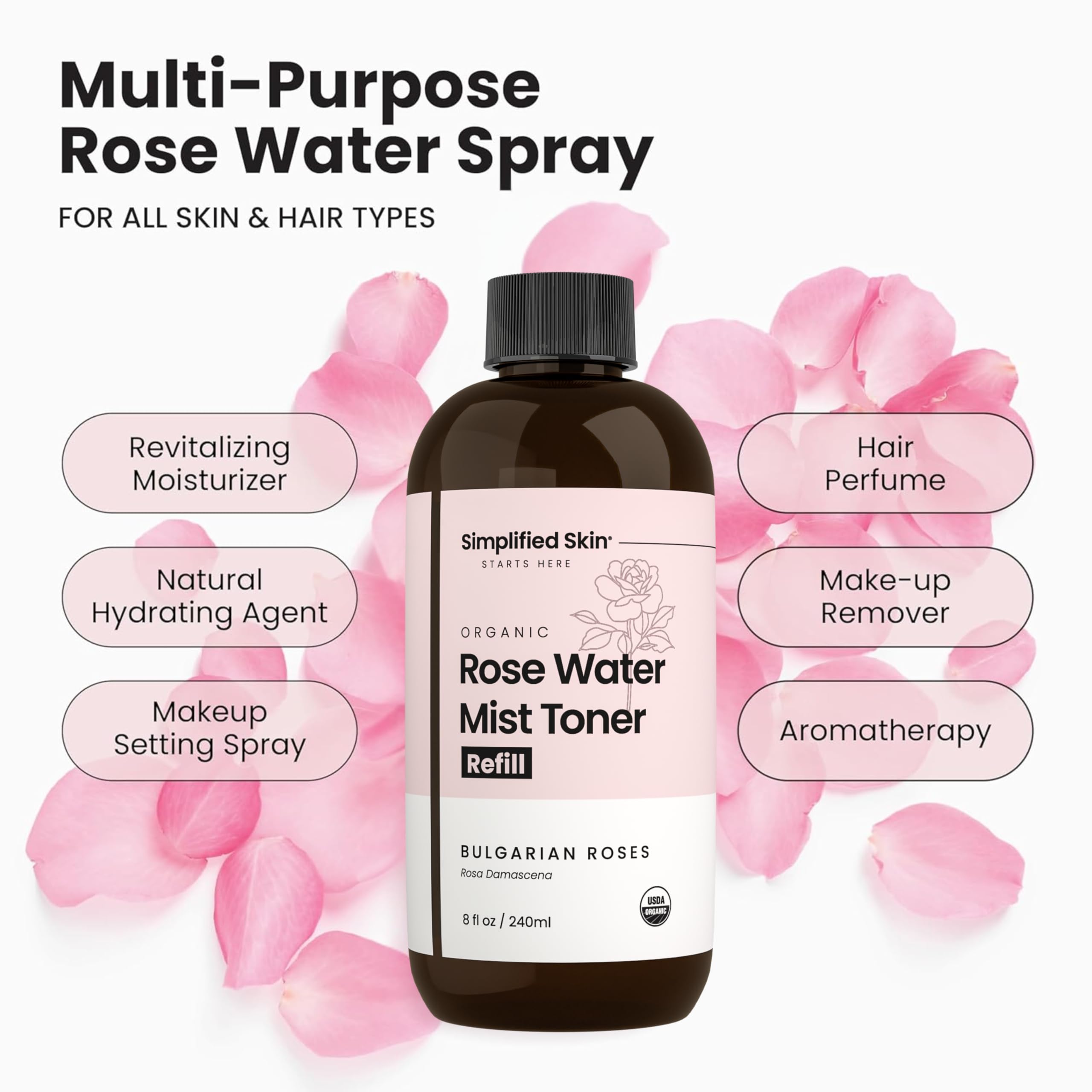 Simplified Skin spa-like scent rosewater spray enhances routine mindfulness.