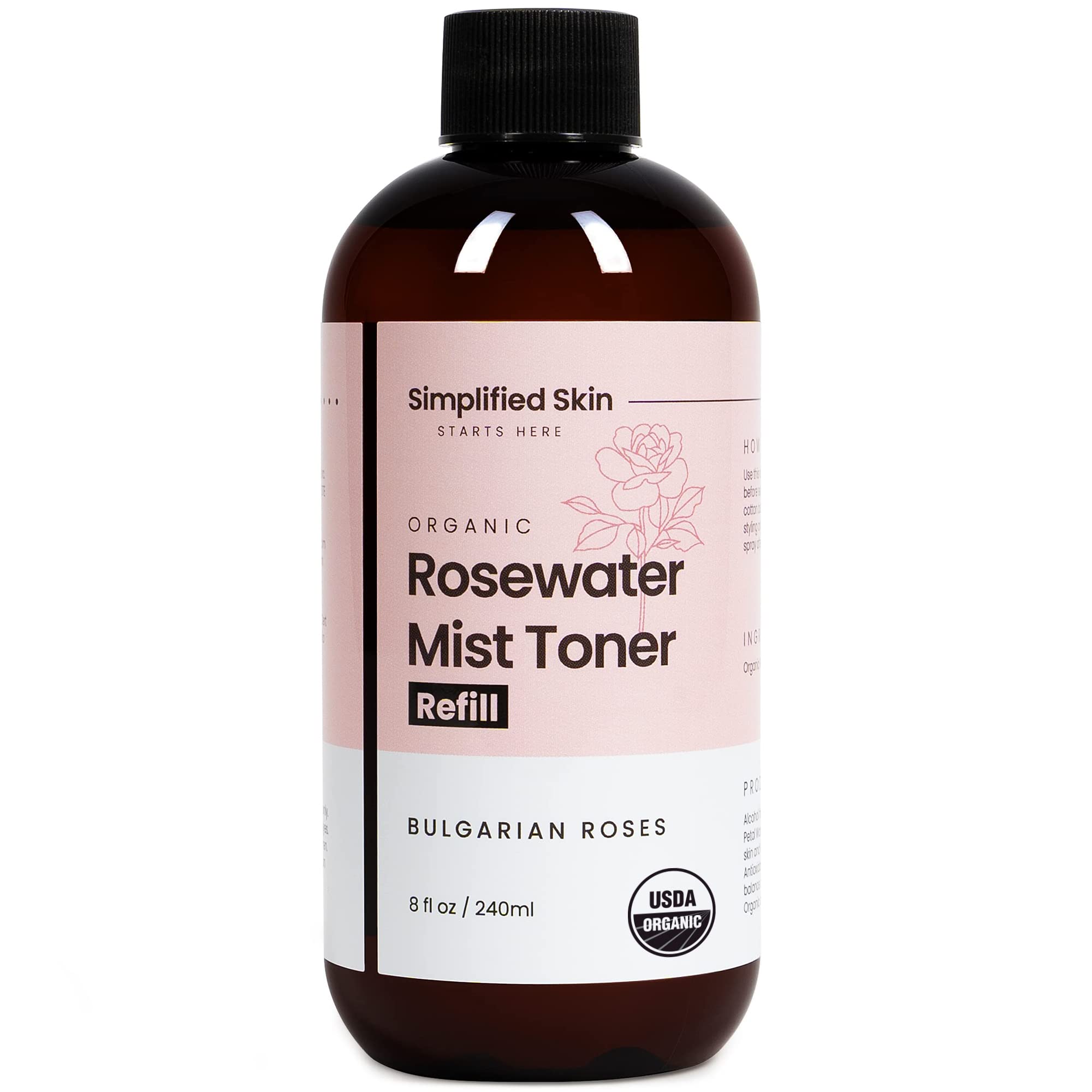 Simplified Skin rosewater spray face bottle delivers refreshing facial hydration and calm skin.