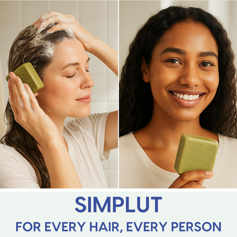 SIMPLUT rosemary-tea-tree shampoo bar during application for refreshing cleanse
