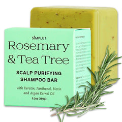 SIMPLUT rosemary-tea-tree shampoo bar on bottle showing clarifying scalp care