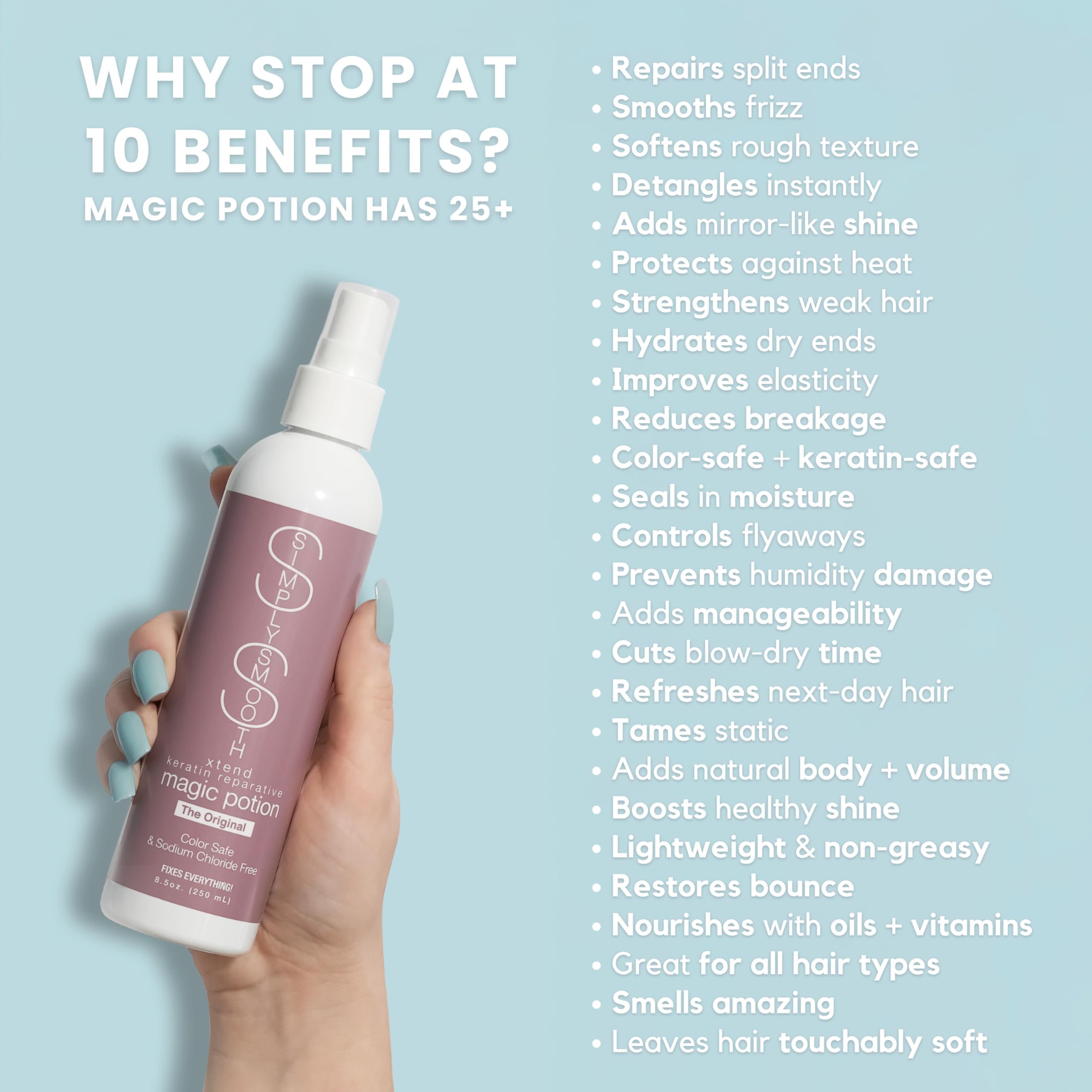 SIMPLY SMOOTH Magic Potion heat protection spray shields strands during styling.