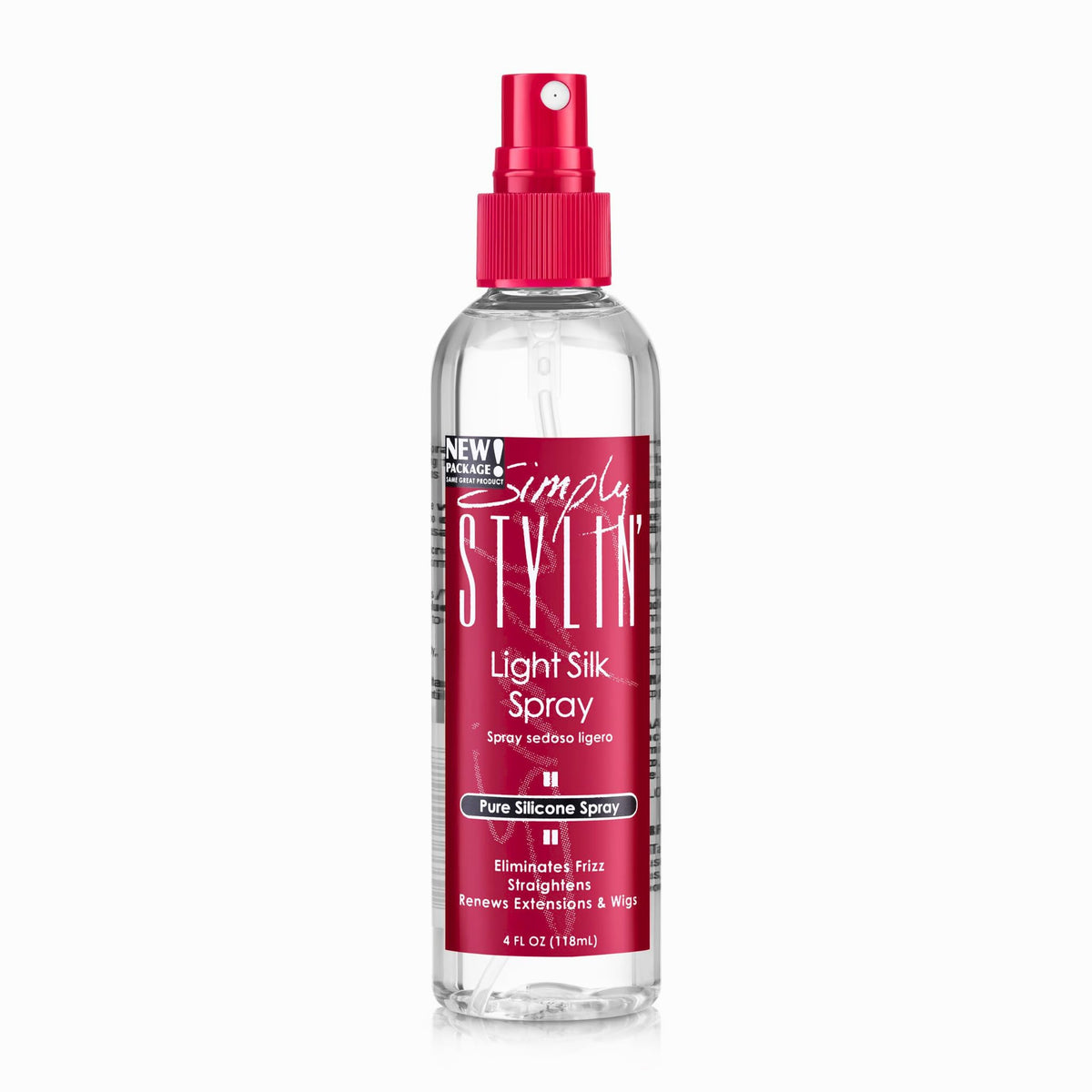 Simply Stylin' Light Silk Hair Spray bottle demonstrates heat protection for sleek styling.