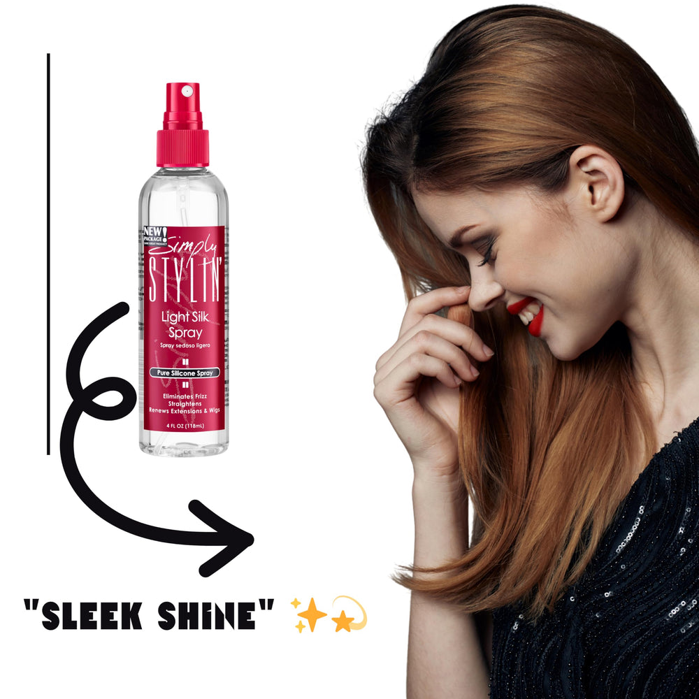 Simply Stylin' Light Silk Hair Spray in action tames frizz for smooth, glossy results.