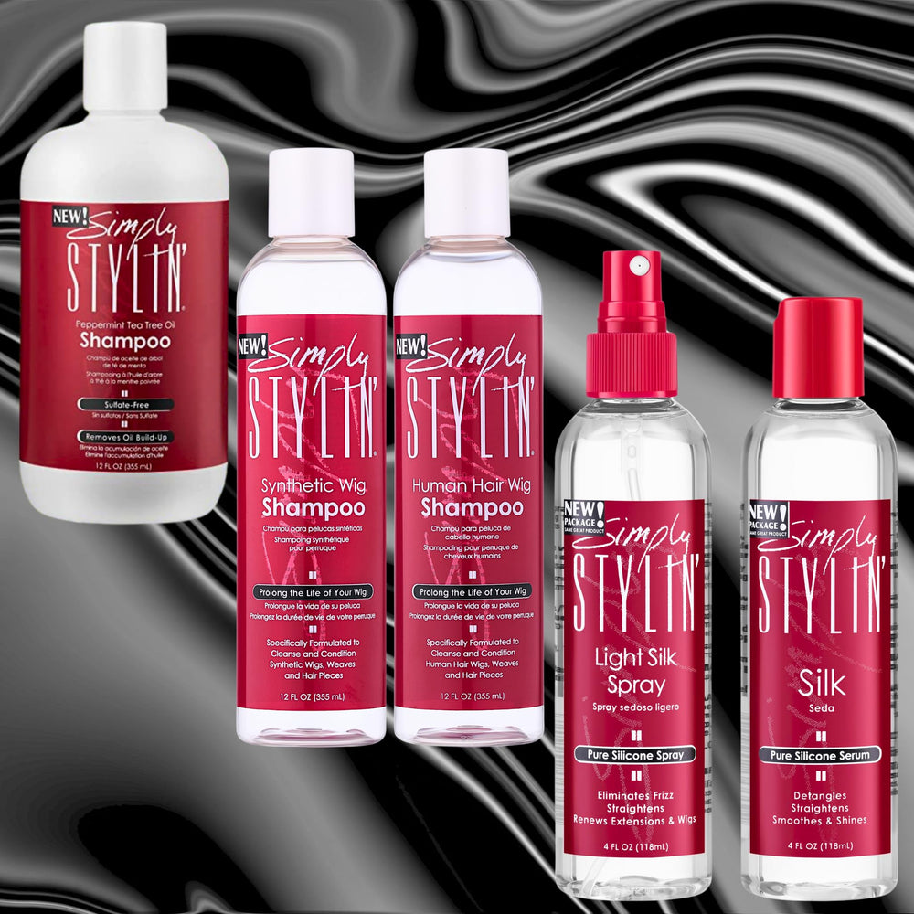 Simply Stylin' Light Silk Hair Spray packaging shows travel size for on-the-go styling.