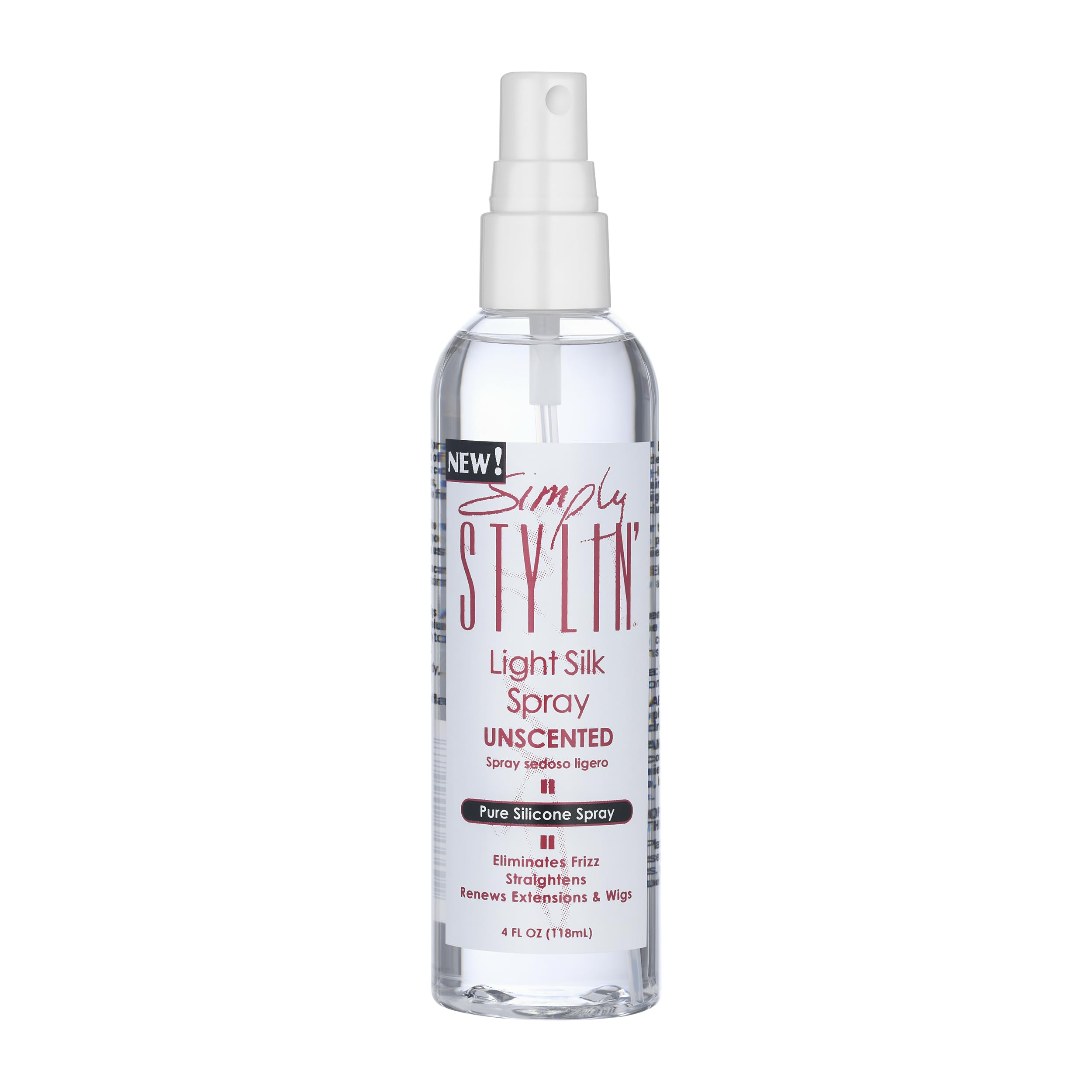 Simply Stylin' Light Silk Spray Unscented bottle shows even dispersion and heat protection for styled hair.