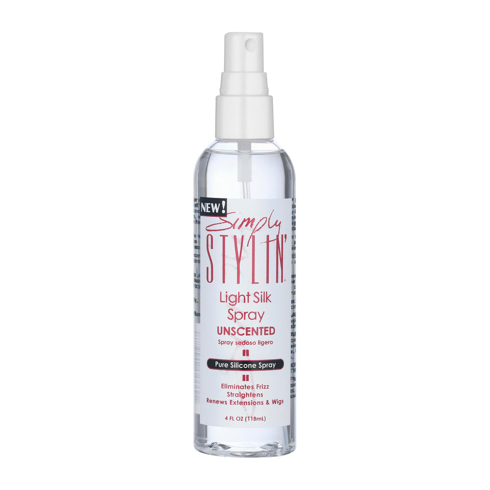 Simply Stylin' Light Silk Spray Unscented bottle shows even dispersion and heat protection for styled hair.