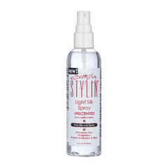 Simply Stylin' Light Silk Spray Unscented bottle shows even dispersion and heat protection for styled hair.