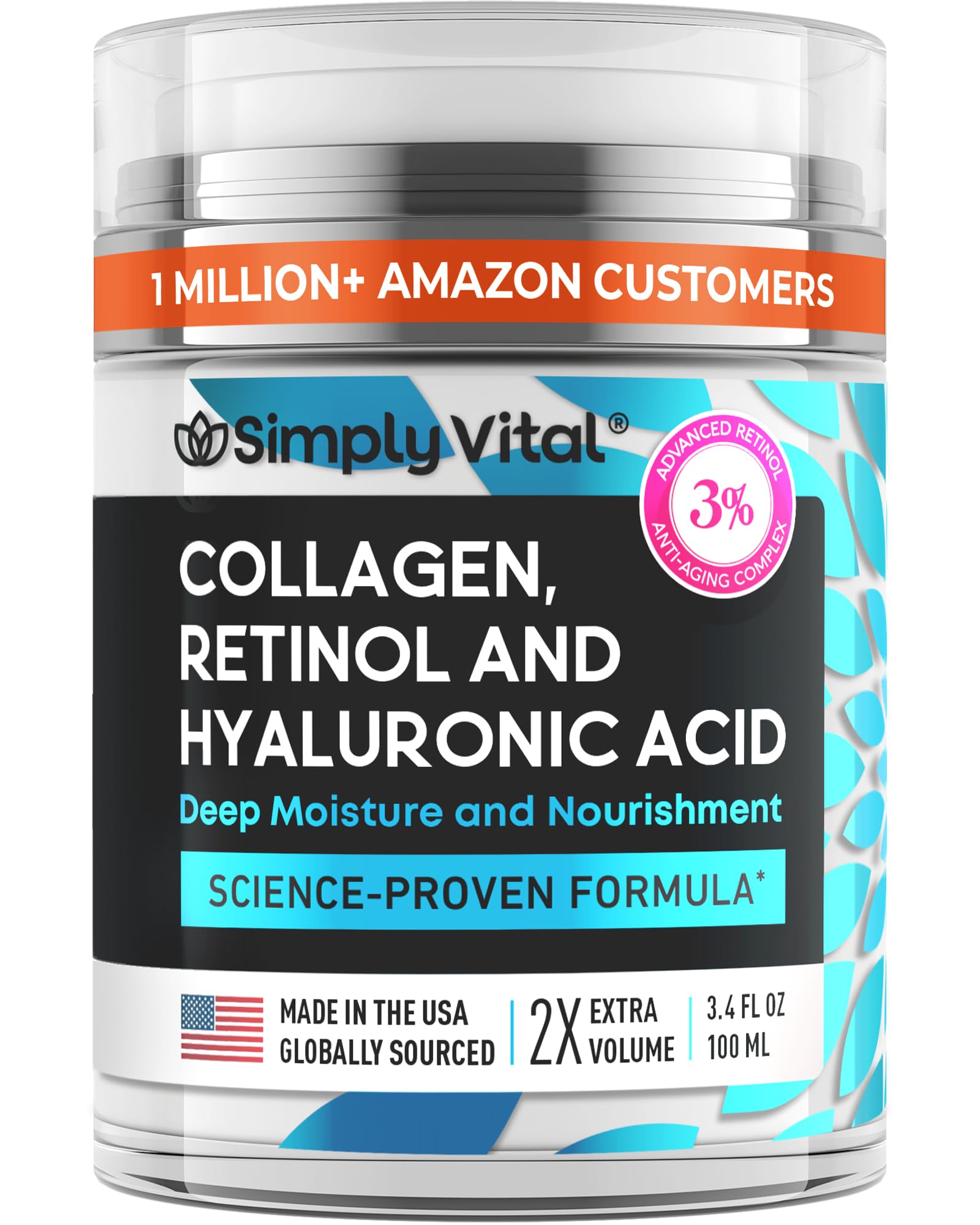 SimplyVital Collagen Retinol Hyaluronic Cream jar front, premium daily moisturizer for aging skin