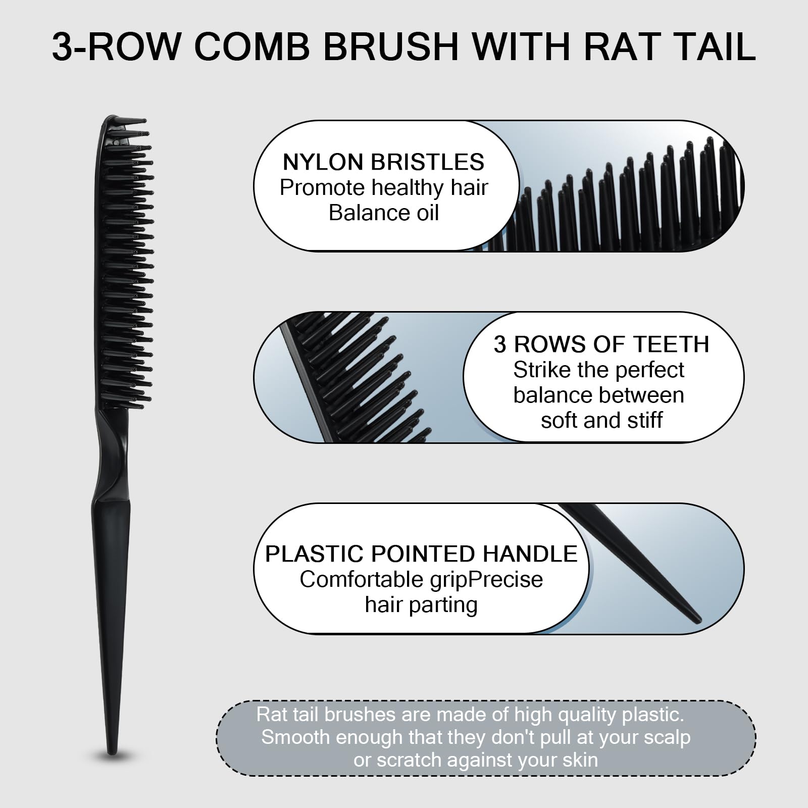 SIMPOR 3 Row Hair Comb rat-tail tip for precise parting