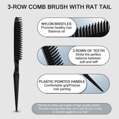 SIMPOR 3 Row Hair Comb rat-tail tip for precise parting