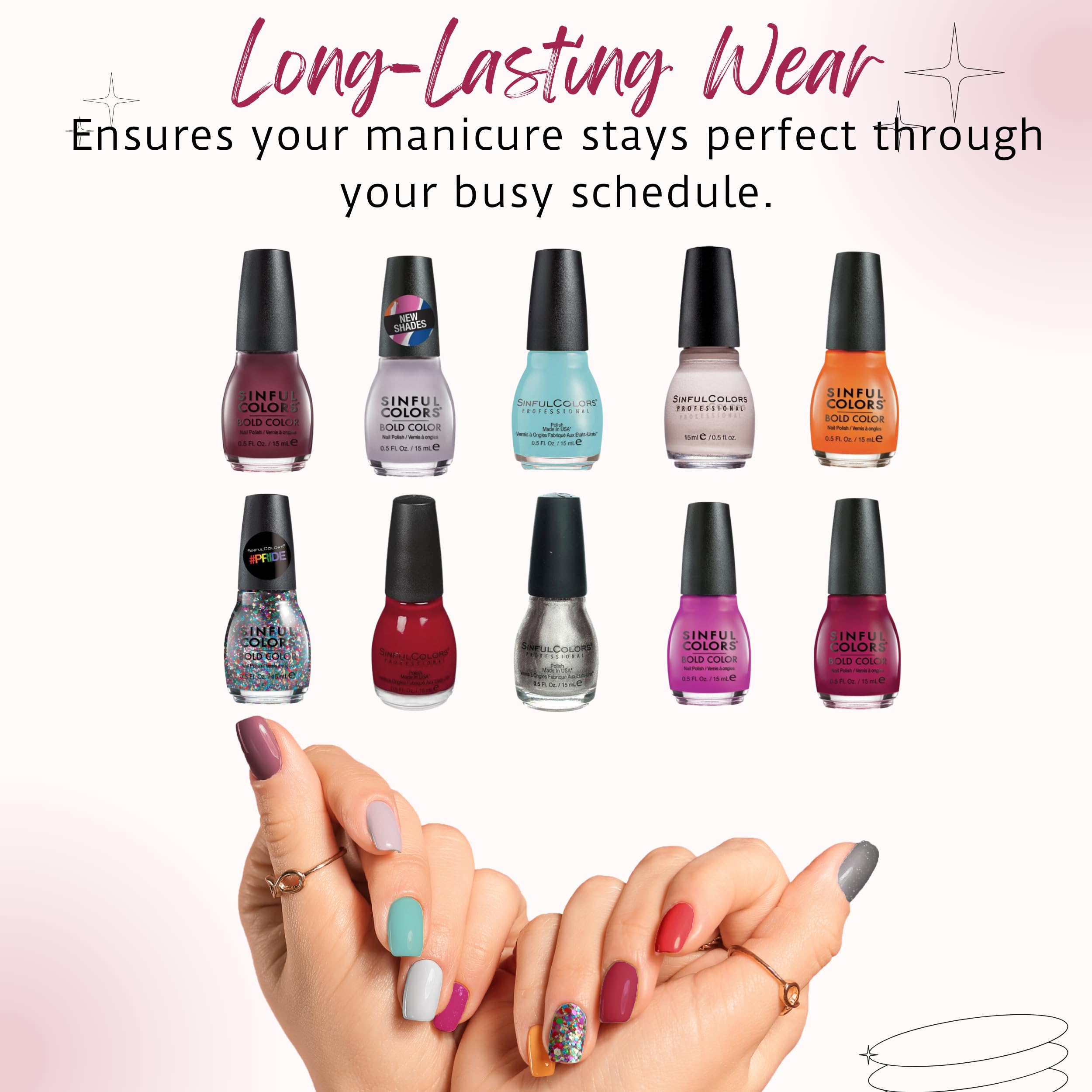 SinfulColors swatches on nails show vibrant options for playful daily looks