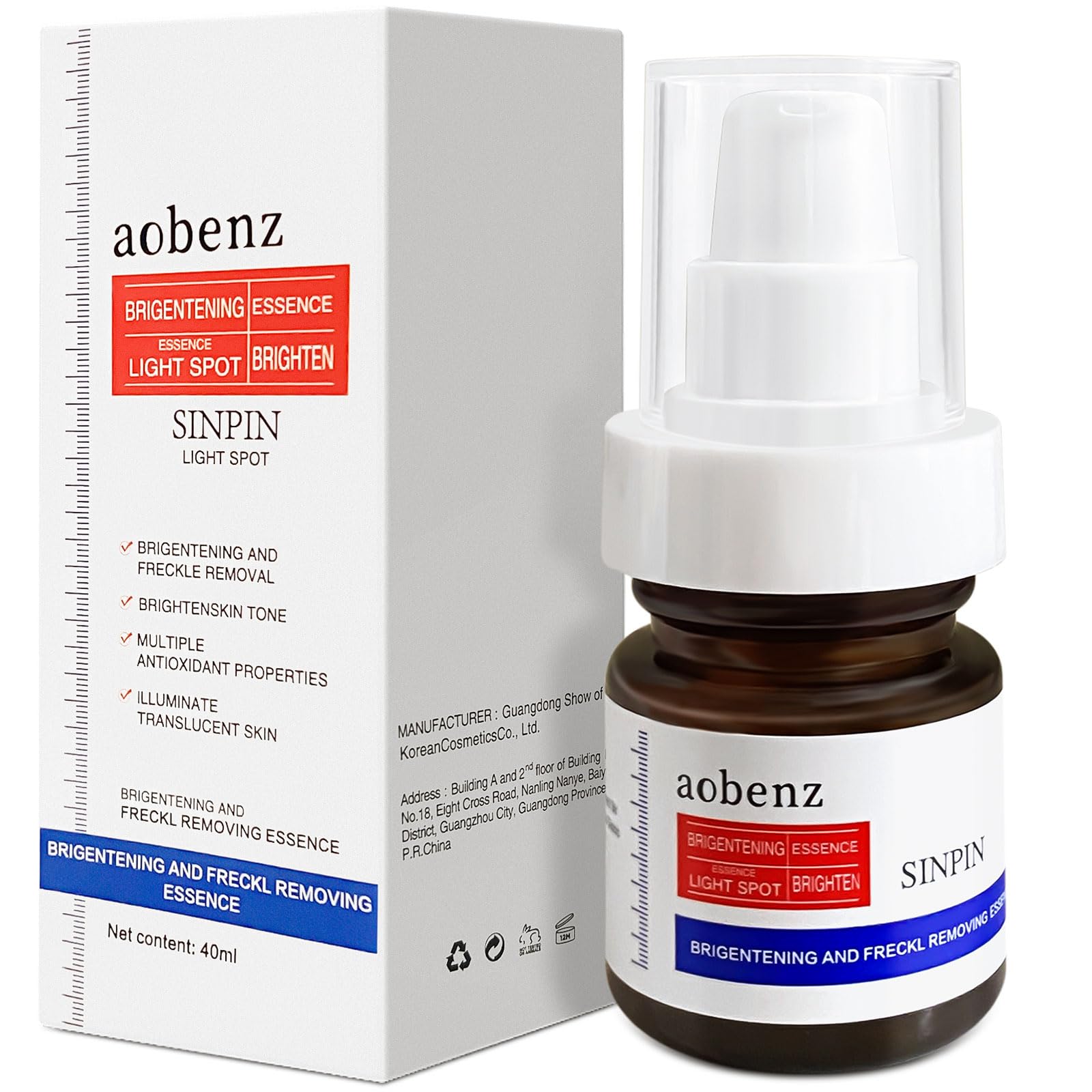 SINPIN aobenz dark spot serum bottle close-up for brightened skin tone.