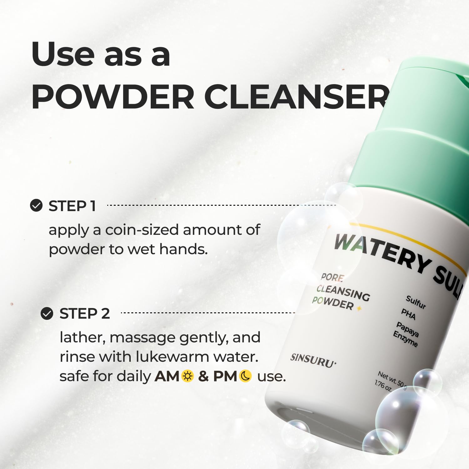 SINSURU Watery Sulfur Pore Cleansing Powder application demonstrates powder-to-foam transformation.