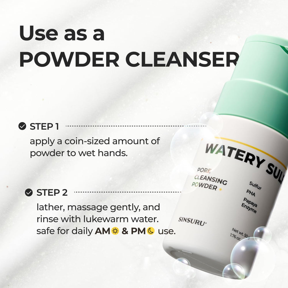 SINSURU Watery Sulfur Pore Cleansing Powder application demonstrates powder-to-foam transformation.