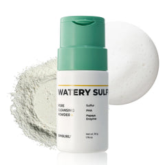 SINSURU Watery Sulfur Pore Cleansing Powder bottle promoting gentle pore purification.