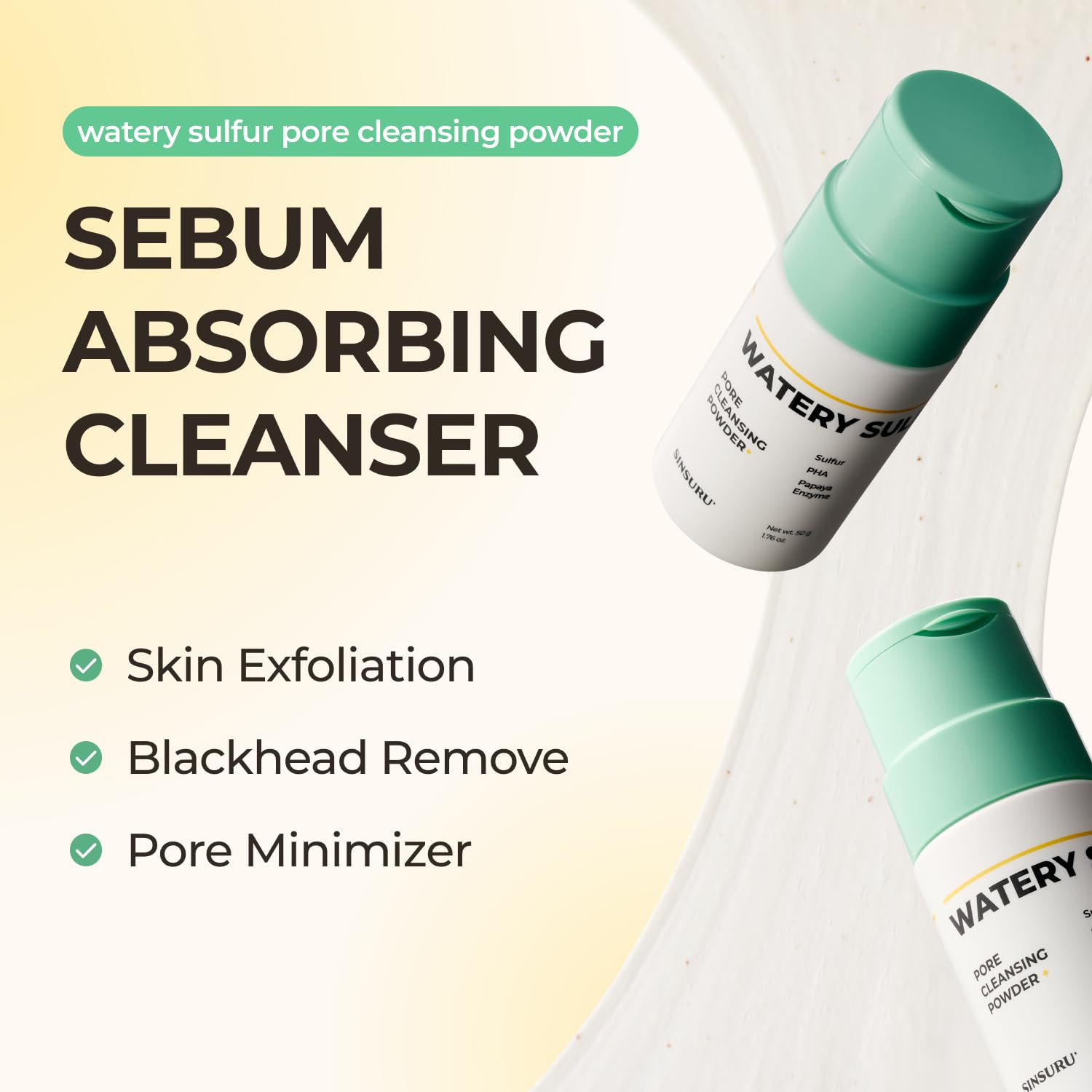 SINSURU Watery Sulfur Pore Cleansing Powder foam close-up for a silky cleanse.
