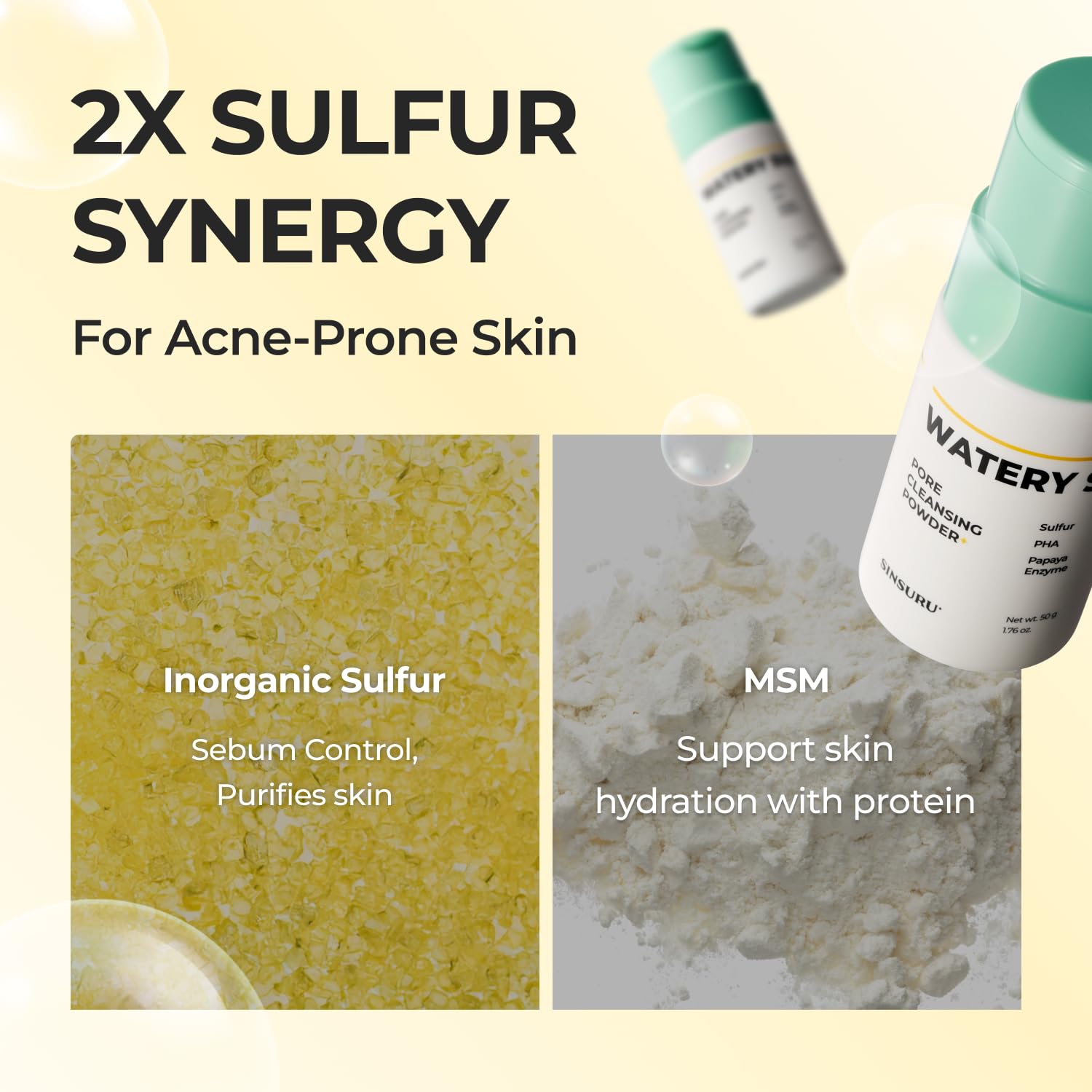 SINSURU Watery Sulfur Pore Cleansing Powder texture close-up reveals refined skin feel.