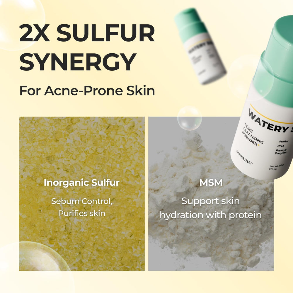 SINSURU Watery Sulfur Pore Cleansing Powder texture close-up reveals refined skin feel.