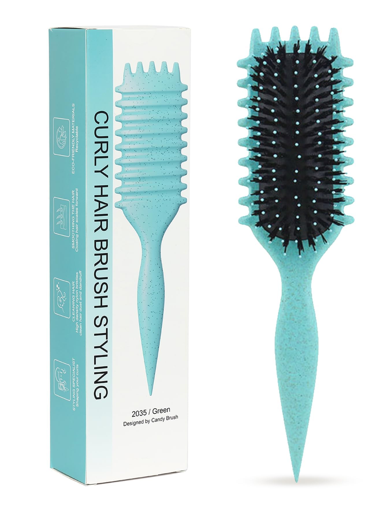 Sintario Green Curl Defining Brush close-up showing flexible bristles for smooth detangling.