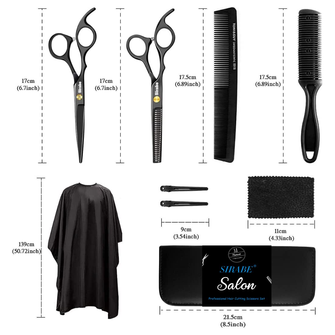 Sirabe comb, cape, and clips included in the kit for complete styling