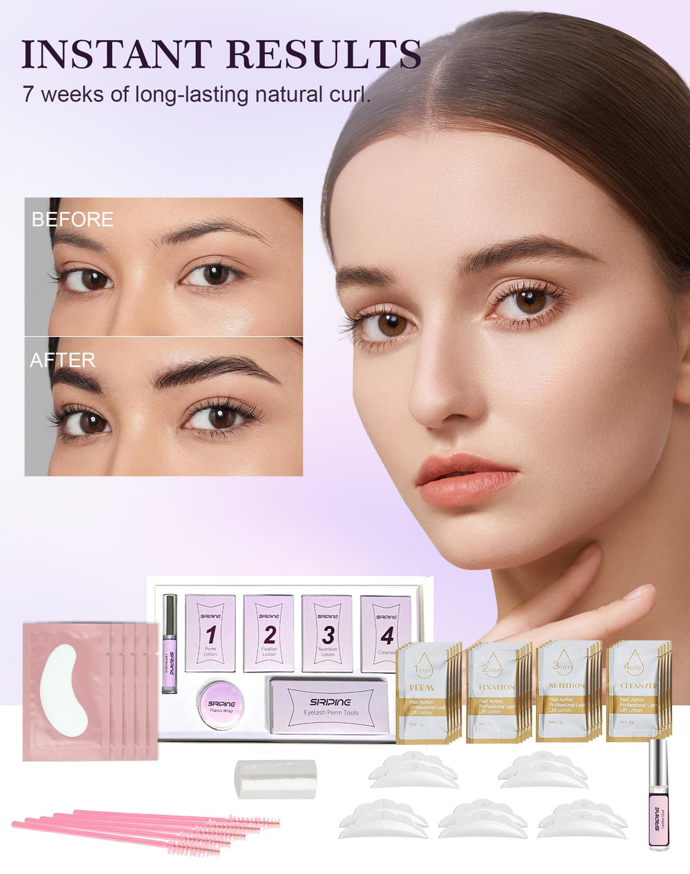 Siripine Lash Lift Kit fixation lotion bottle shows setting step for long-lasting curl