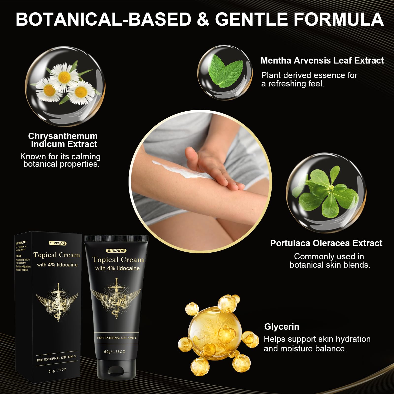 Siripine Numbing Cream with Arnica and Vitamin E emphasizes gentle care for irritated skin.