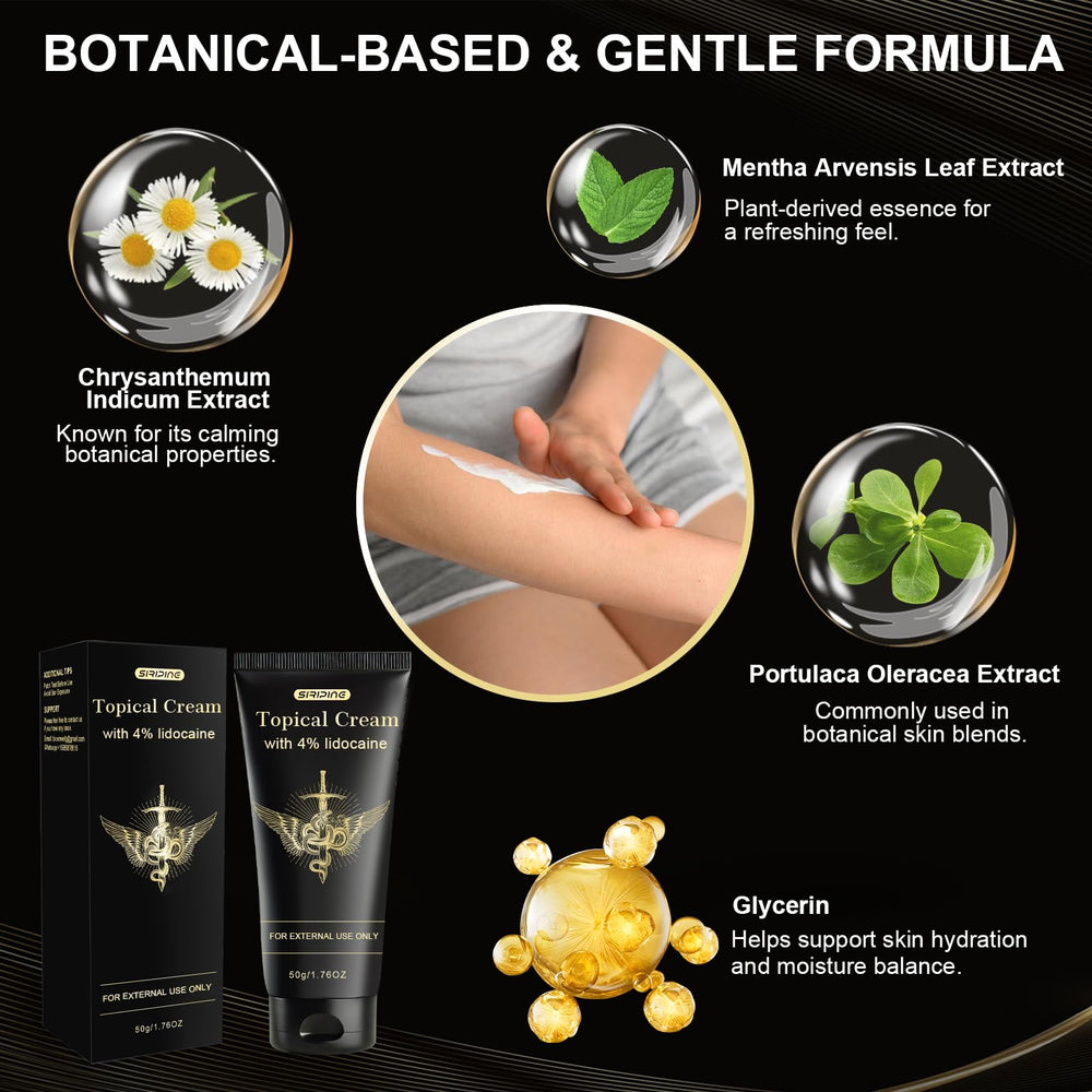 Siripine Numbing Cream with Arnica and Vitamin E emphasizes gentle care for irritated skin.