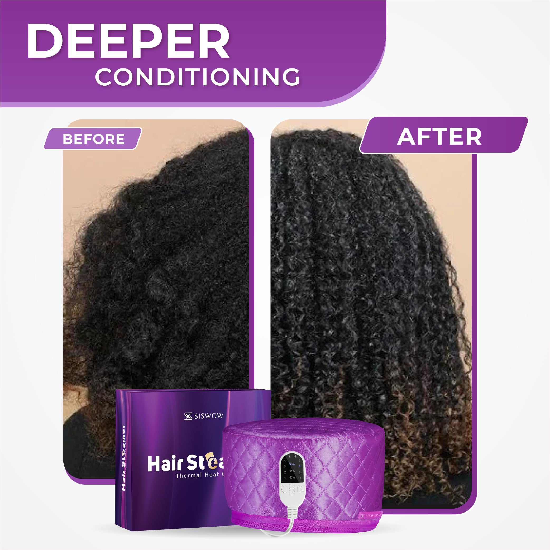 SISWOW Hair Steamer Cap control panel displays 10-level temperature for customized conditioning