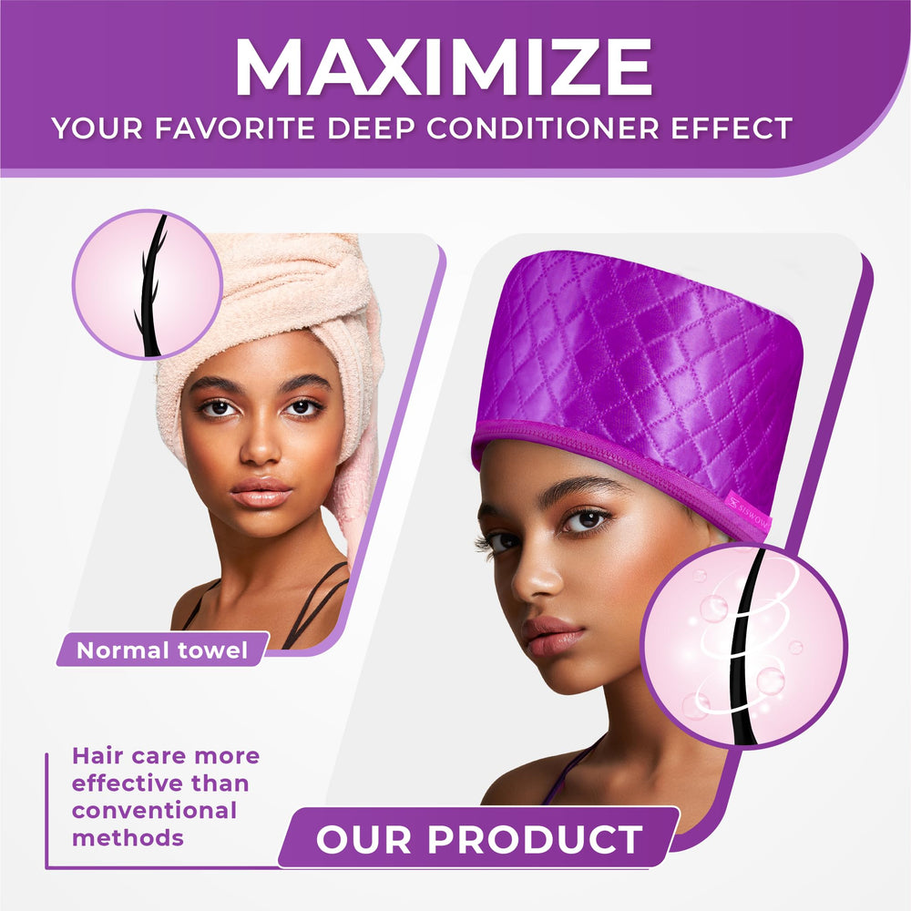 SISWOW Hair Steamer Cap worn during home deep conditioning session for natural hair
