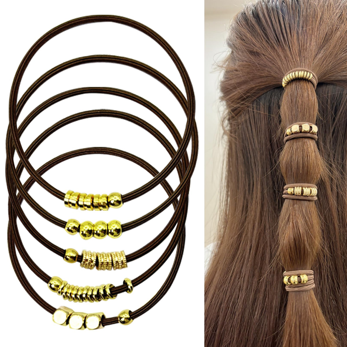 SISYOUP brown elastic ponytail hair tie with gold beads for secure, comfortable wear.