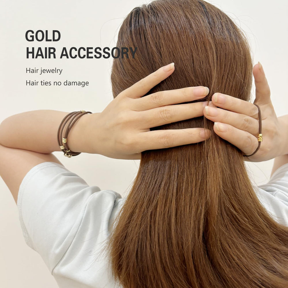 SISYOUP gold beads ponytail hair tie showing dual hair and wrist use.